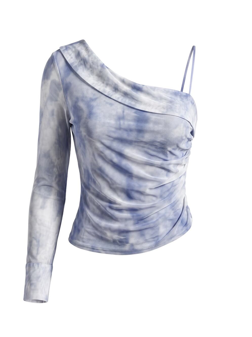 ASTR the Label Women's S Blue Tye-Dye Asymetrical One-Shoulder Miah Mesh Top